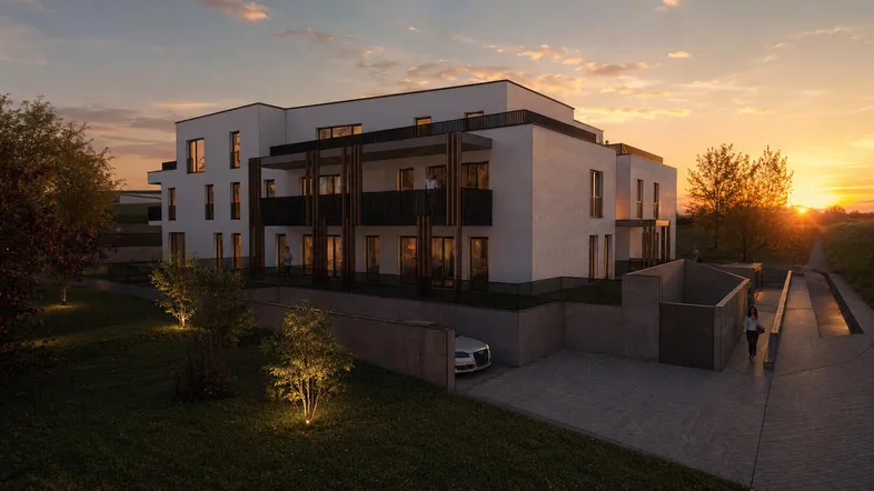 Moderne Wohnanlage bei Sonnenuntergang mit Balkonen und Tiefgaragenzufahrt in grüner Umgebung.