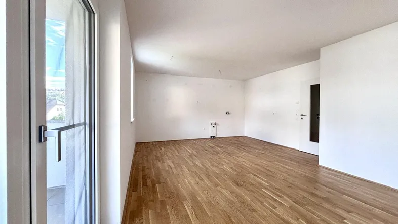 Heller, leerer Raum mit Parkettboden und Zugang zu einem Balkon, ideal für Wohn- oder Essbereich.