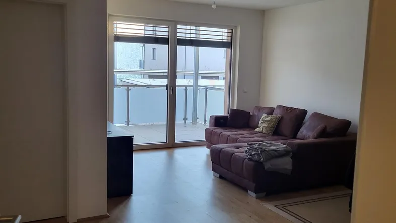 Helles Wohnzimmer mit gemütlichem Sofa, Parkettboden und direktem Zugang zum Balkon.