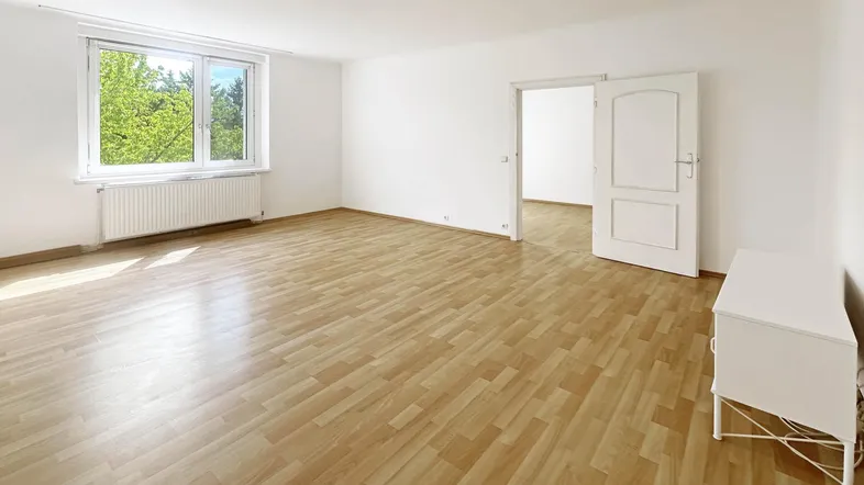 Helles, leeres Wohnzimmer mit Laminatboden und Blick ins Grüne durch große Fenster.