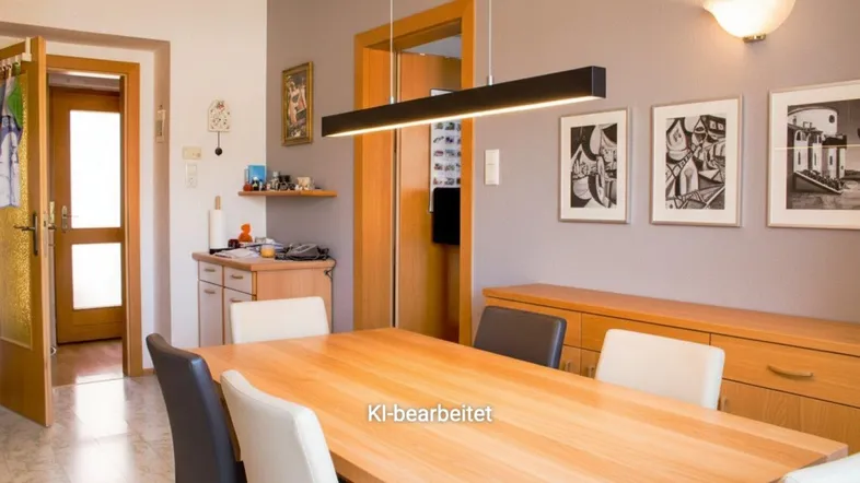 Heller Essbereich mit Holztisch, modernen Stühlen und indirekter Beleuchtung an der Wand.