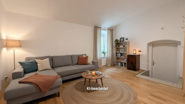 Gemütliches Wohnzimmer mit hellem Holzfußboden, bequemer Couch und Blick auf ein Fenster.