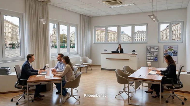Helles, modernes Büro mit mehreren Arbeitsplätzen, Empfangsbereich und Blick auf die Stadt.