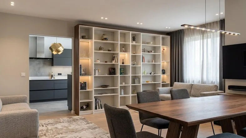 Moderner offener Wohn-Essbereich mit großem Bücherregal, Holztisch und Blick in die Küche.