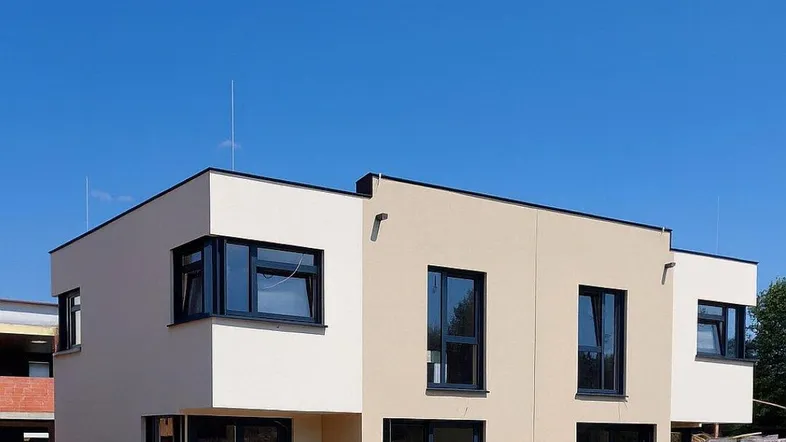 Moderne Neubau-Doppelhaushälfte mit großen Fenstern und gepflegtem Rasen unter blauem Himmel.