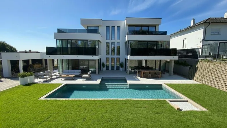 Moderne Villa mit großem Garten, Swimmingpool und mehreren Terrassenbereichen unter blauem Himmel.