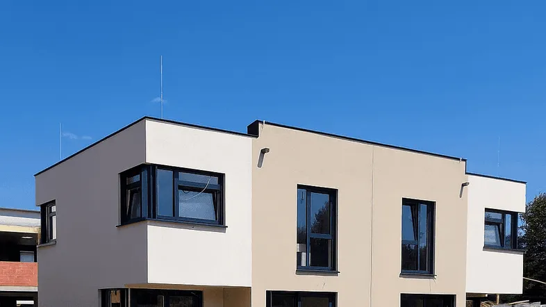 Moderne Neubaufassade mit klaren Linien und großen Fenstern, umgeben von Grünflächen.