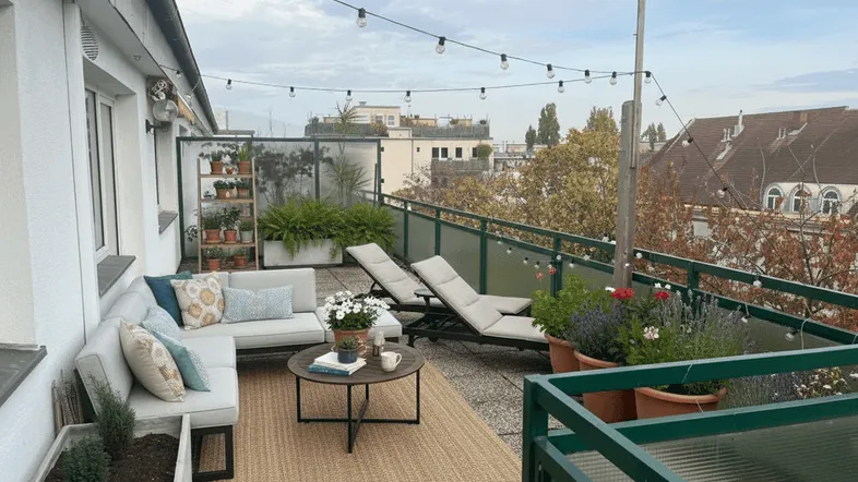 Geräumige Dachterrasse mit gemütlicher Lounge-Ecke, Sonnenliegen und vielen Pflanzen, ideal zum Entspannen.