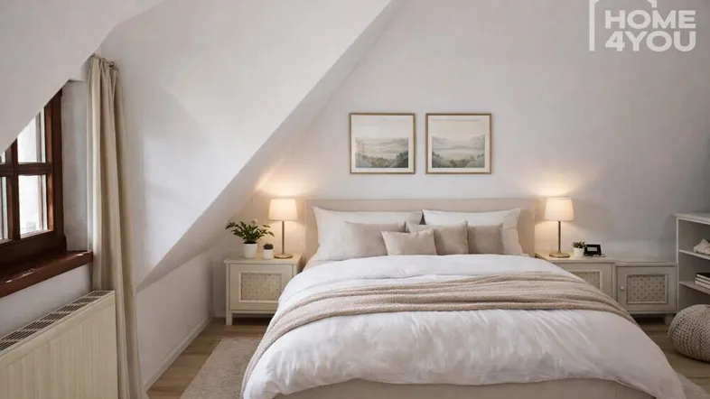 Gemütliches Schlafzimmer im Dachgeschoss mit schrägen Wänden, hellem Teppich und kleinem Fenster.