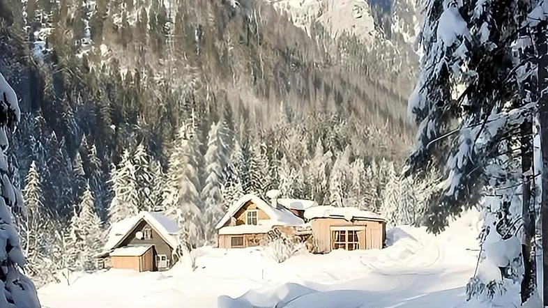 Zwei charmante Holzhäuser eingebettet in eine verschneite Berglandschaft mit dichten Wäldern.