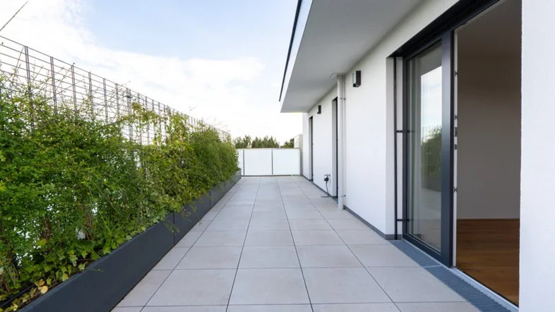 Geräumige Dachterrasse mit modernen Fliesen, grüner Bepflanzung und Zugang zum Innenbereich.