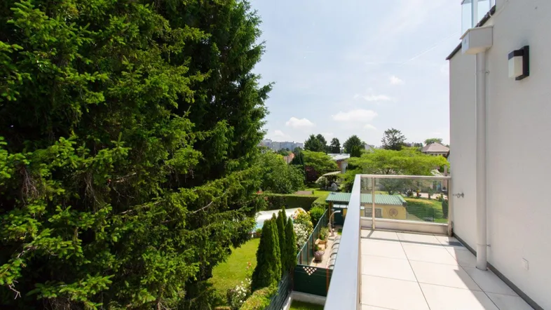 Geräumiger Balkon mit Glasgeländer bietet einen weiten Blick ins Grüne und auf die Umgebung.