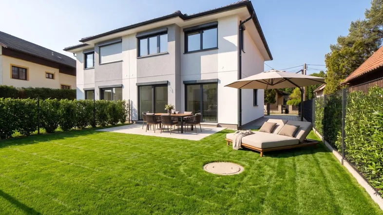 Großer Garten mit Rasenfläche und möblierter Terrasse, ideal für Entspannung im Freien.