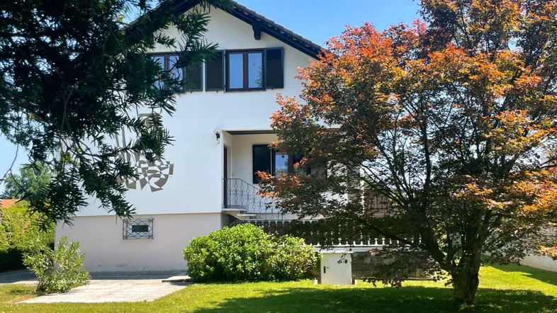 Einfamilienhaus mit gepflegtem Vorgarten und altem Baumbestand unter blauem Himmel.