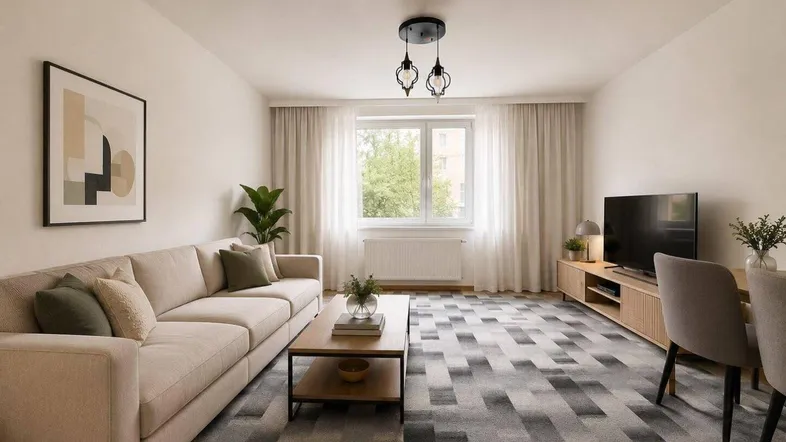Helles Wohnzimmer mit beigem Sofa, modernem Teppich und Blick ins Grüne.