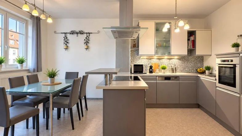 Moderne offene Küche mit Essbereich, Kücheninsel und hellen Oberflächen.