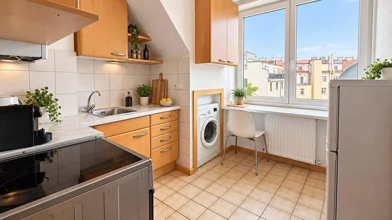 Helle Küche mit Holzschränken, Fliesenboden, Waschmaschine und Blick auf die Stadt.