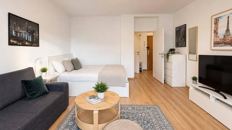 Helles Studio-Apartment mit Schlaf- und Wohnbereich, modern eingerichtet und Parkettboden.