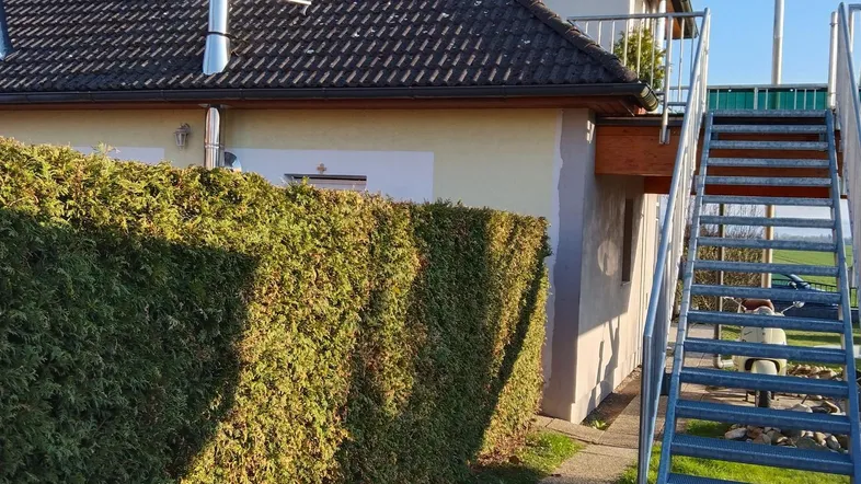 Hausfassade mit dunklem Ziegeldach, hoher grüner Hecke und externer Metalltreppe zum Obergeschoss.