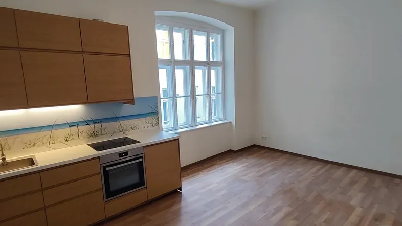 Moderne Einbauküche mit Holzschränken, Induktionskochfeld und einem großen Fenster in einem hellen Raum.