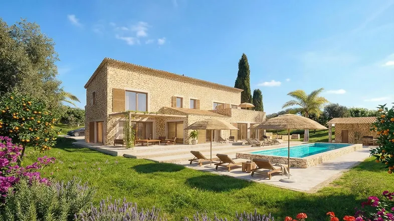 Luxuriöse Steinvilla mit großem Pool, Sonnenterrasse und weitläufigem mediterranem Garten unter blauem Himmel.