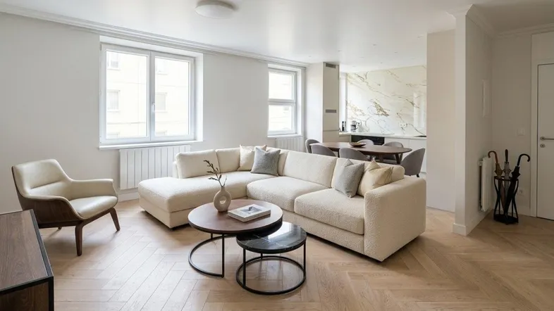 Helles, offenes Wohn-Esszimmer mit modernem Sofa, Fischgrätparkett und Blick in den Küchenbereich.