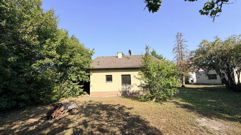 Rückansicht eines Einfamilienhauses mit Satteldach, umgeben von einem grünen Garten und Bäumen.