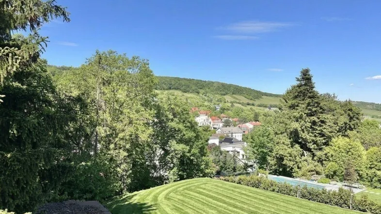 Weitläufiger, gepflegter Garten mit Rasenfläche, Bäumen und einem Pool im Hintergrund, umgeben von grüner Landschaft.