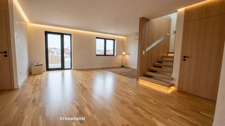 Helles Wohnzimmer mit Holzparkettboden, moderner Treppe und indirekter Deckenbeleuchtung.