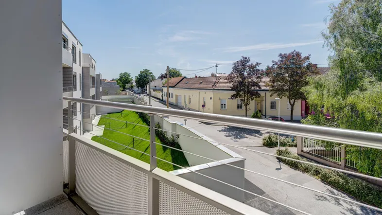 Blick vom Balkon auf die ruhige Wohngegend mit Grünflächen und angrenzenden Häusern.
