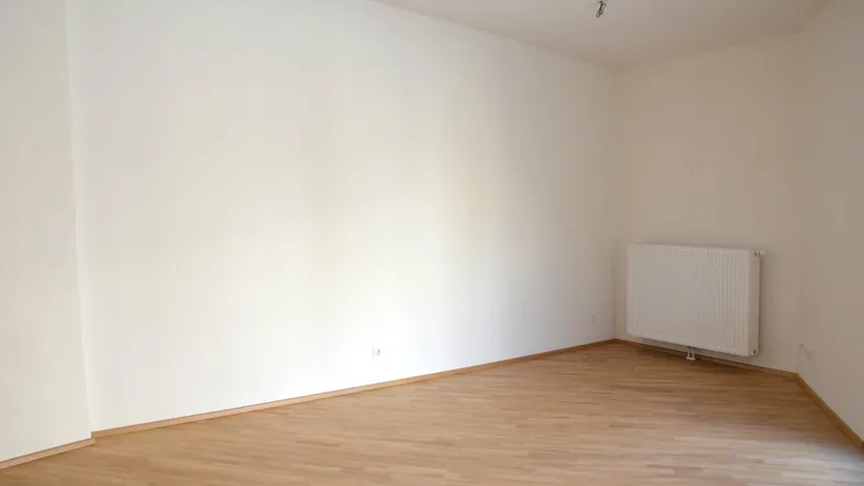 Leerer Raum mit hellen Wänden, Holzfußboden und einem Heizkörper an der Wand.