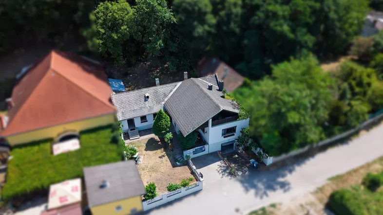 Luftaufnahme eines Einfamilienhauses mit Satteldach, umgeben von viel Grün und Bäumen.
