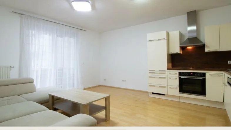 Heller offener Wohn-Essbereich mit integrierter Küche, Parkettboden und Zugang zu einem Balkon.