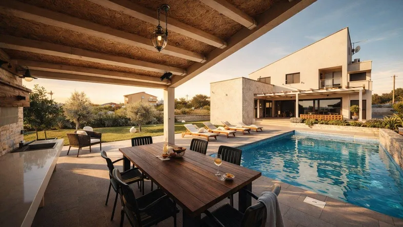 Geräumige überdachte Terrasse mit Esstisch, Außenküche und Blick auf den Pool und das moderne Haus.