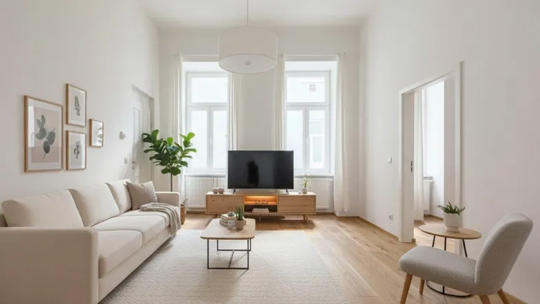 Helles Wohnzimmer mit hohen Decken, Parkettboden und moderner Einrichtung, ideal zum Entspannen.
