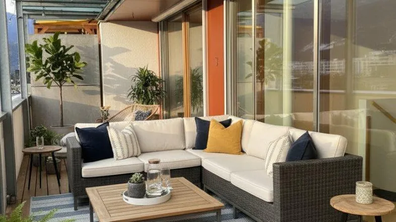 Geräumiger Balkon mit bequemen Loungemöbeln, Holzboden und Blick auf die Umgebung.