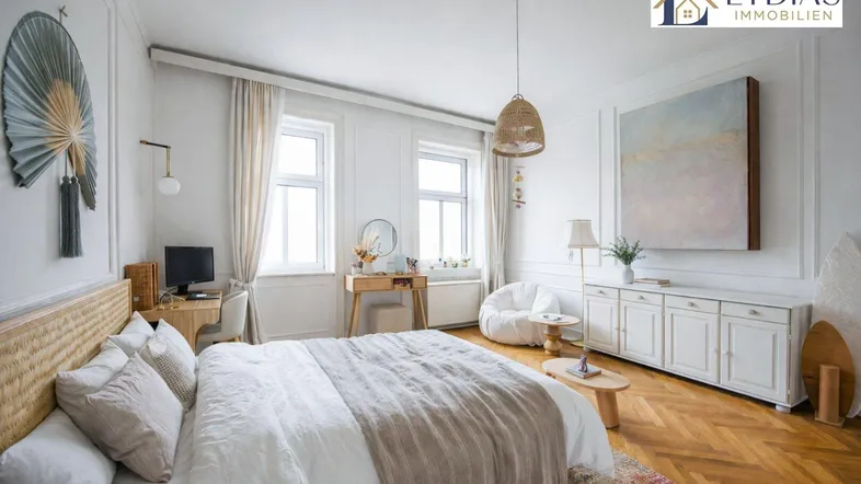 Helles Schlafzimmer mit Fischgrätparkett, großen Fenstern und stilvoller Einrichtung im Altbau.