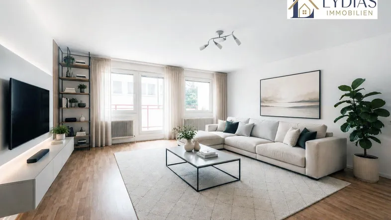 Helles Wohnzimmer mit modernem Sofa, Holzboden und stilvoller Einrichtung.