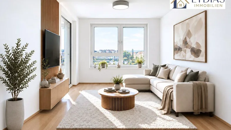 Gemütliches Wohnzimmer mit modernem Sofa, Holzboden und viel Tageslicht durch große Fenster.