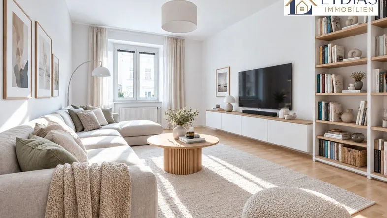Helles Wohnzimmer mit moderner virtueller Möblierung, großem Sofa und Bücherregalen.
