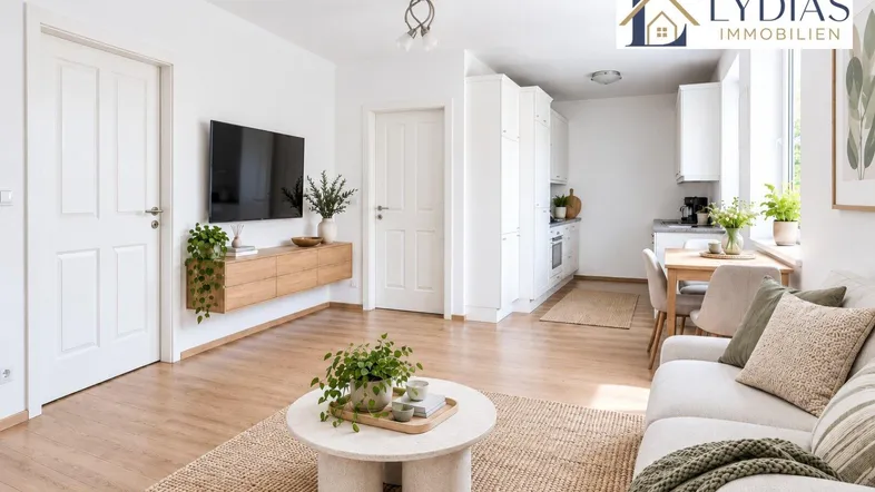 Helles, offen gestaltetes Wohn- und Esszimmer mit moderner Einrichtung und Holzboden.