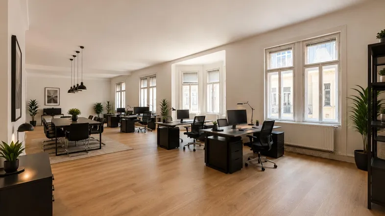 Großes, offenes Büro mit mehreren Arbeitsplätzen, Konferenztisch und viel Tageslicht durch große Fenster.