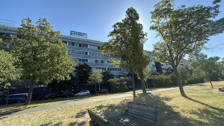 Außenansicht eines modernen Bürogebäudes mit Bäumen und einer Parkbank im Vordergrund unter blauem Himmel.