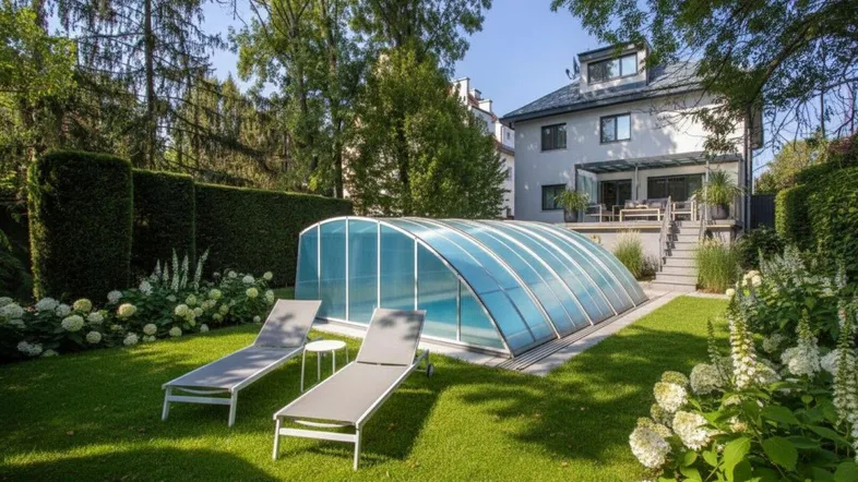 Großer Garten mit Rasenfläche, überdachtem Pool und Liegestühlen, umgeben von Bäumen und Hecken.