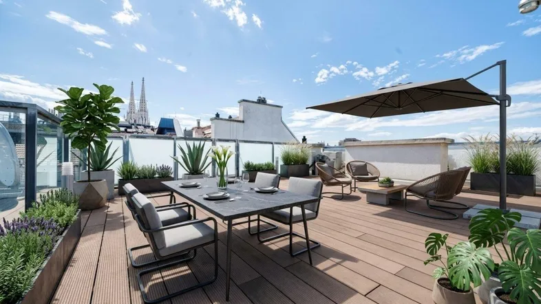 Dachterrasse Ebene 3 mit Möblierungsvorschlag KI