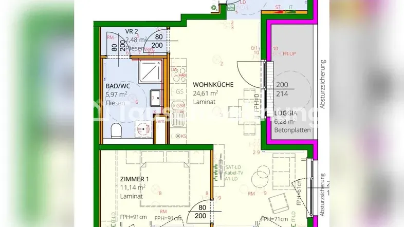 Detaillierter Grundriss einer Wohnung mit zwei Zimmern, Bad und Loggia.