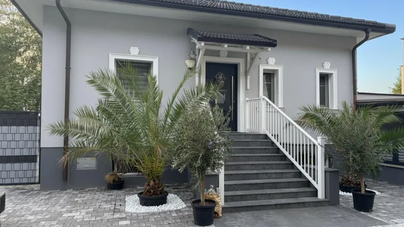 Modernes Einfamilienhaus mit gepflegtem Vorgarten, gepflastertem Eingangsbereich und dekorativen Palmen.