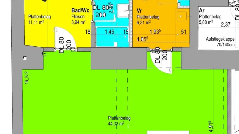 Grundriss der Wohnung TOP 02 mit 70,40m² Nutzfläche, inklusive Bad/WC und Vorraum.