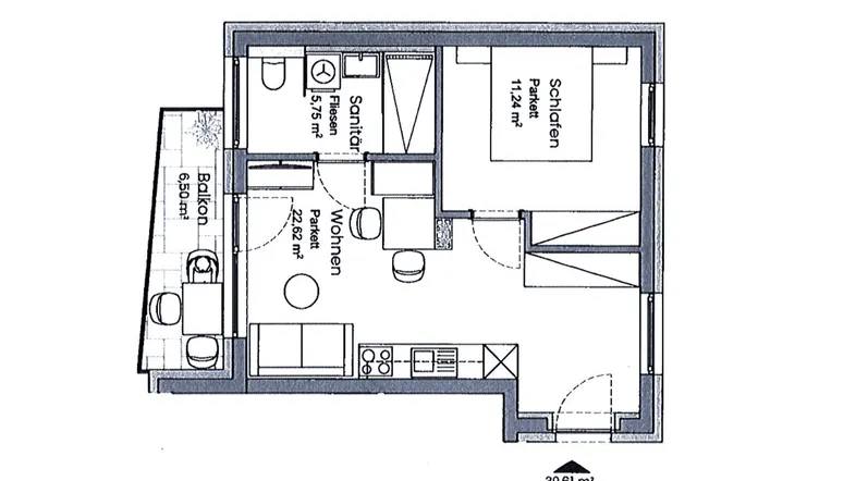 Grundriss einer Wohnung mit einem Schlafzimmer, Wohnbereich, Bad und Balkon.