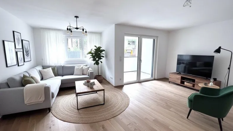 Helles, modern eingerichtetes Wohnzimmer mit Parkettboden, bequemer Sitzecke und Zugang zum Balkon.